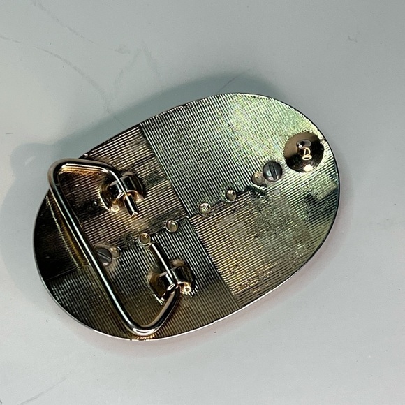 Vintage Western Stone Agate Cab Cabochon Etched Silver Gold Belt Buckle